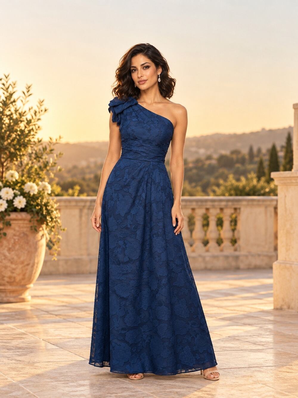 Navy One Shoulder Floral Applique Textured Slit Formal Evening Gown Size 8 NWOT